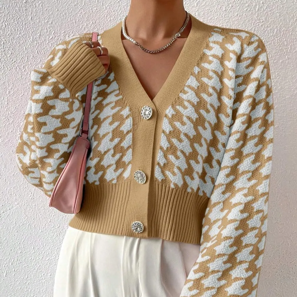 LOFAAC Women Oversized Houndstooth Button Down Cropped Cardigan Elegant Long Sleeve V Neck Chunky Knit Sweater Outerwear