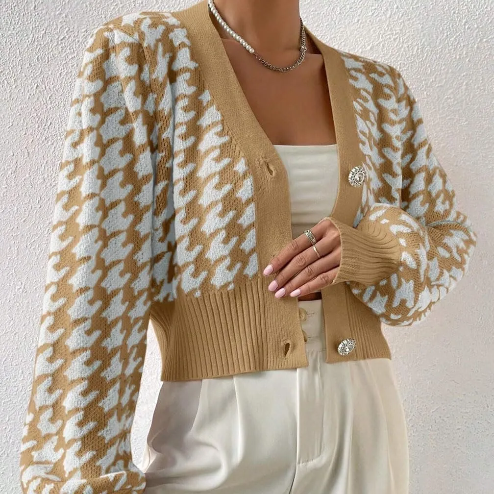 LOFAAC Women Oversized Houndstooth Button Down Cropped Cardigan Elegant Long Sleeve V Neck Chunky Knit Sweater Outerwear