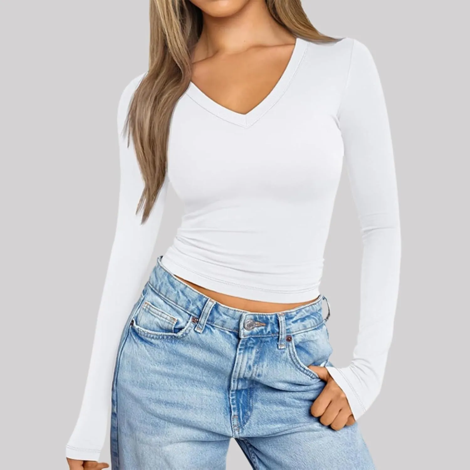 Long Sleeve Shirts for Women V Neck Basics Tops Lightweight Slim Fit Crop Top Base Layer Thermal Undershirts Fall
