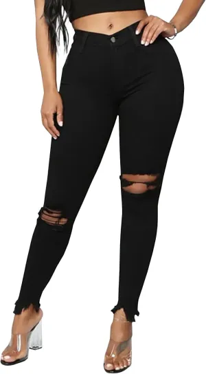 LONGYIDA Women's High Rise Ripped Skinny Jeans Stretch Slim Fit Distressed Destroyed Denim Ankle Pants(Black1,XL)