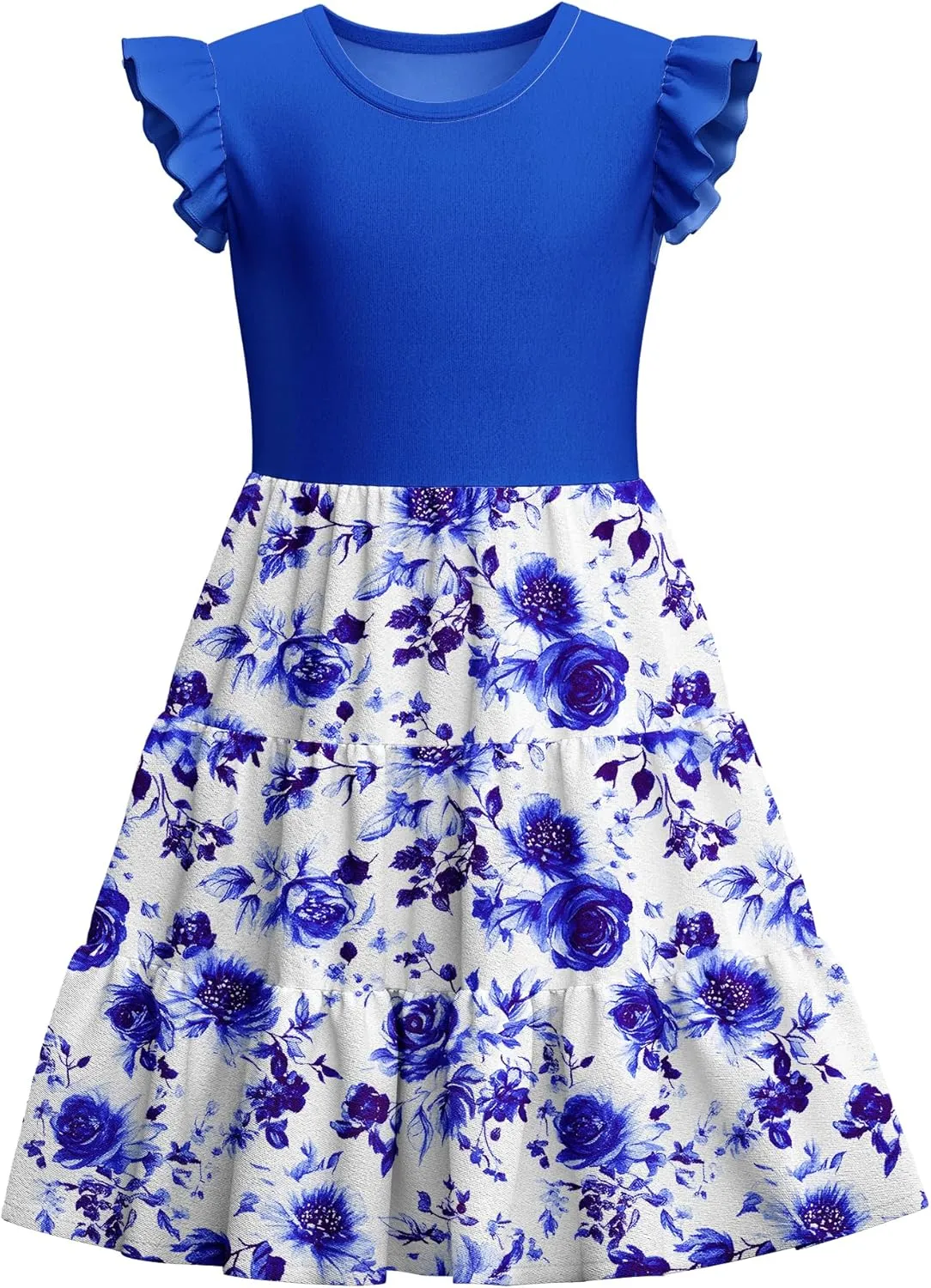 LQSZ Girls Summer Dresses with Ruffle Short Sleeve Midi Casual A-Line Twirly School Sundress Size 3-12 Years
