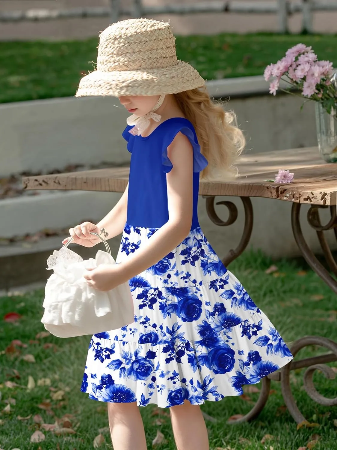 LQSZ Girls Summer Dresses with Ruffle Short Sleeve Midi Casual A-Line Twirly School Sundress Size 3-12 Years