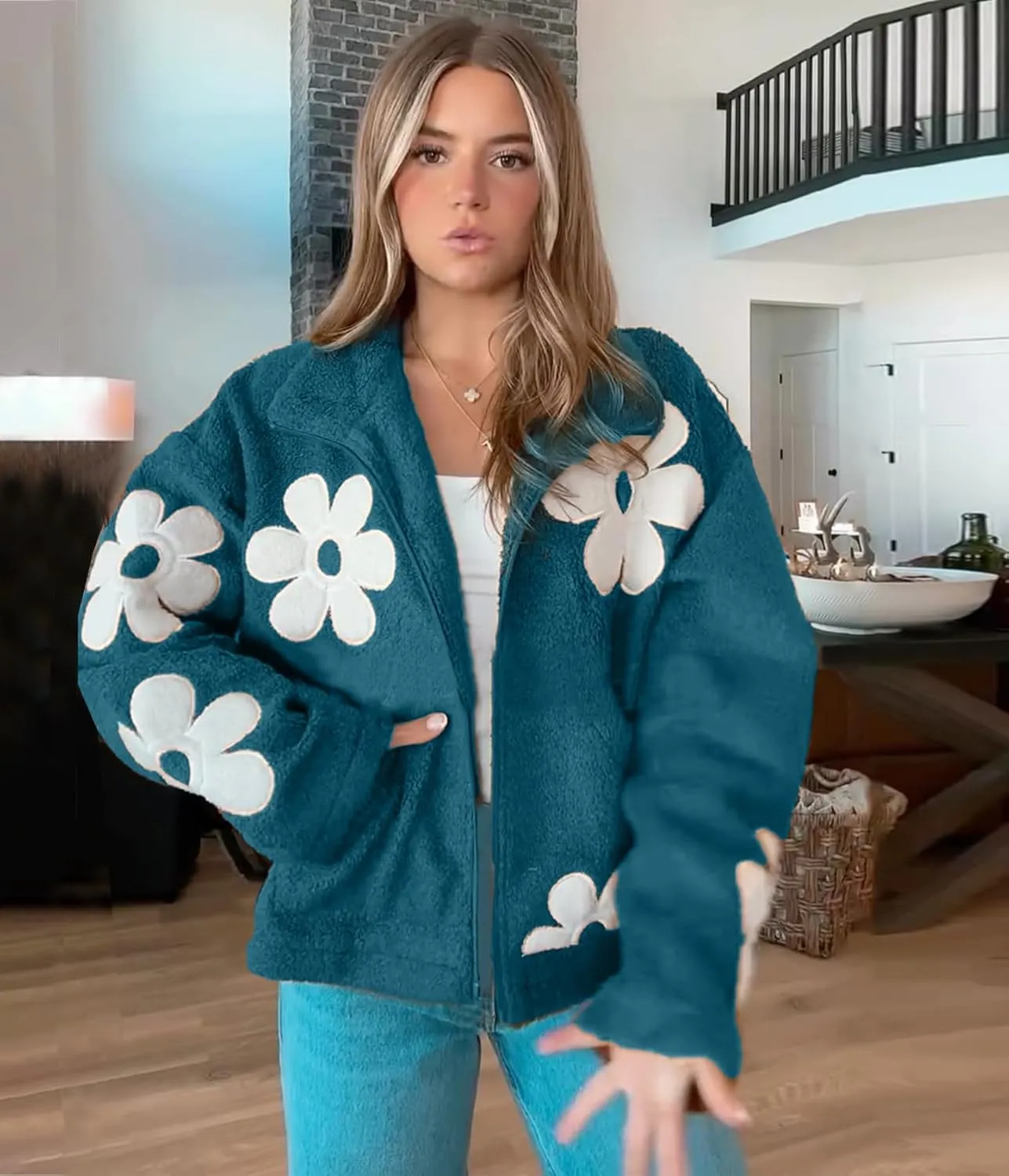 Maixang Womens Floral Print Sherpa Fleece Jackets Winter Zipper Cropped Coat Casual Long Sleeve Outwear with Pockets