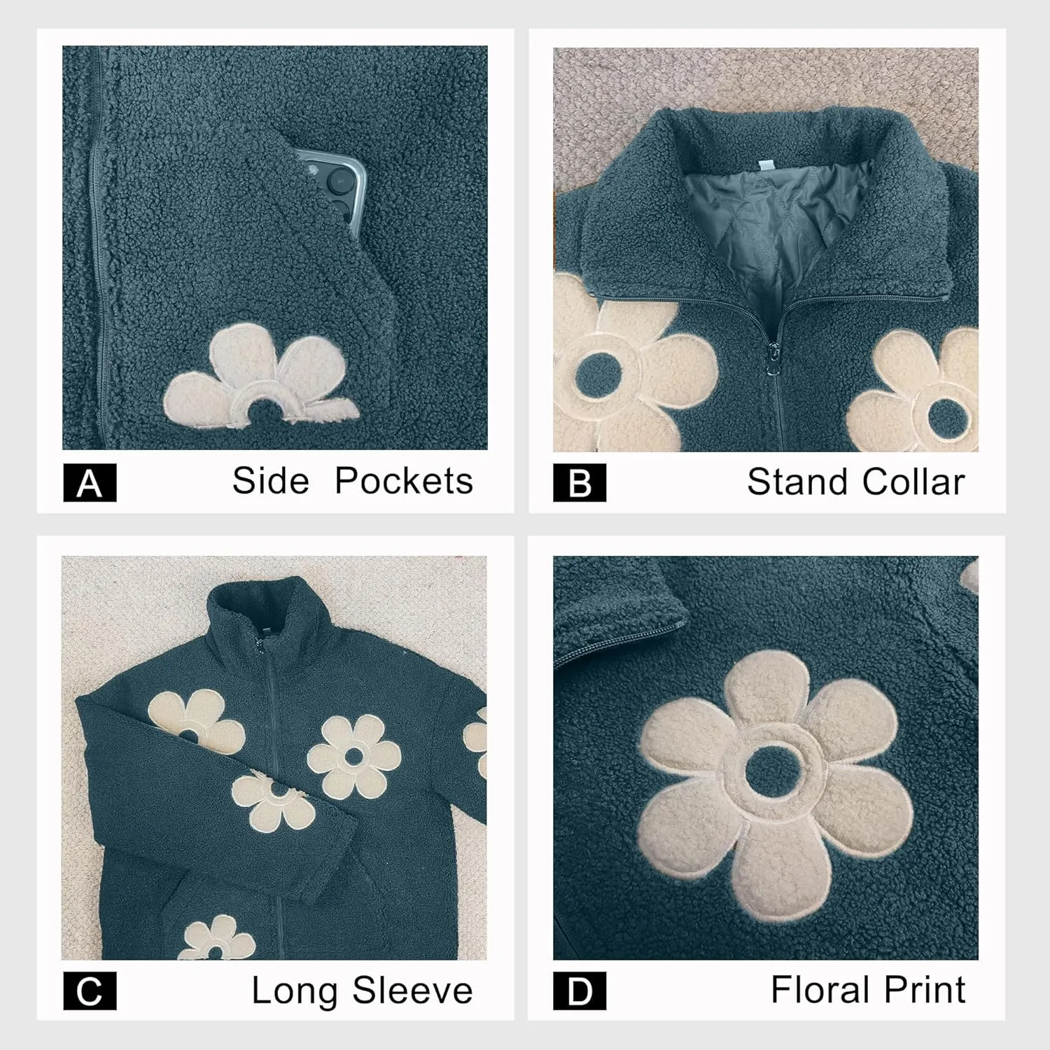 Maixang Womens Floral Print Sherpa Fleece Jackets Winter Zipper Cropped Coat Casual Long Sleeve Outwear with Pockets