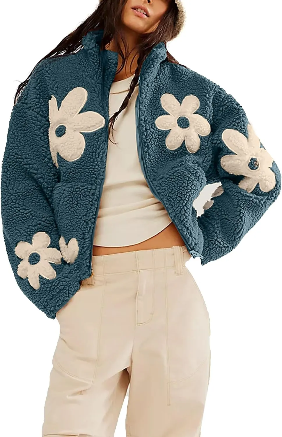Maixang Womens Floral Print Sherpa Fleece Jackets Winter Zipper Cropped Coat Casual Long Sleeve Outwear with Pockets