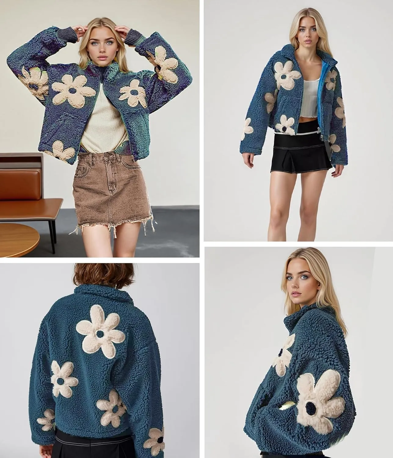 Maixang Womens Floral Print Sherpa Fleece Jackets Winter Zipper Cropped Coat Casual Long Sleeve Outwear with Pockets