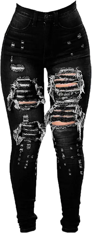 Maiyifu-GJ Destroyed Denim Skinny Jeans for Women - High Waisted and Stretchy with Ripped Accents