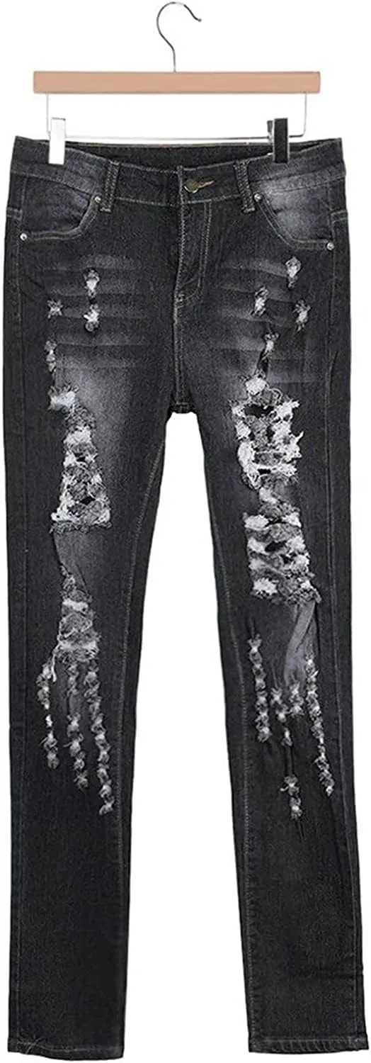 Maiyifu-GJ Destroyed Denim Skinny Jeans for Women - High Waisted and Stretchy with Ripped Accents