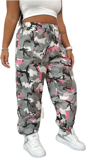 MakeMeChic Women's Plus Size Camo Print Trousers Drawstring Waist Slant Pocket Cargo Pants