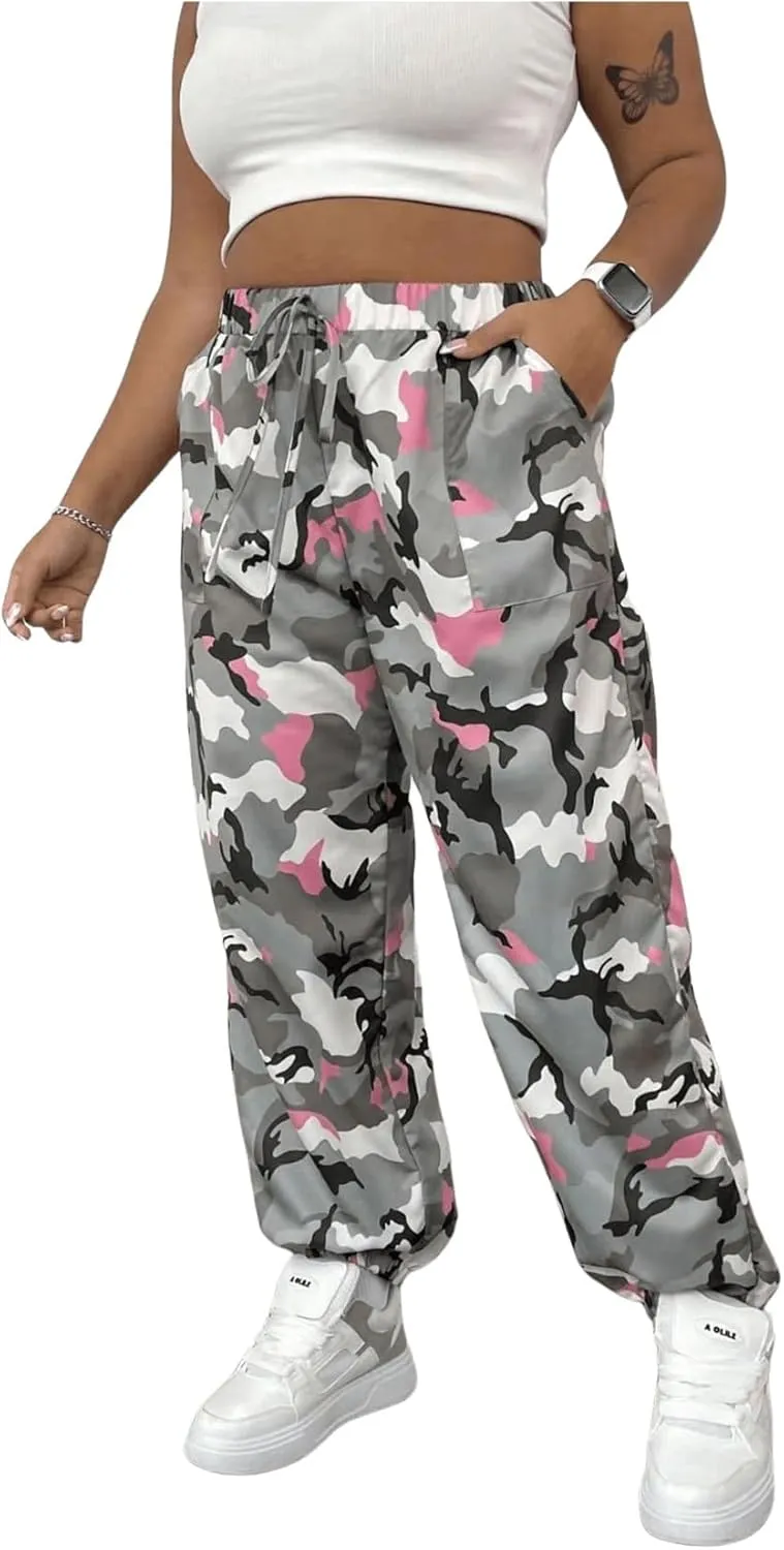MakeMeChic Women's Plus Size Camo Print Trousers Drawstring Waist Slant Pocket Cargo Pants
