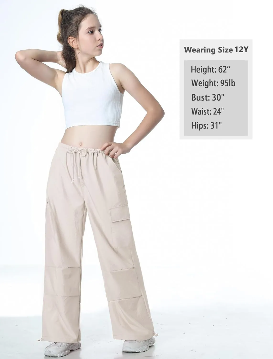 Mebius Girls Parachute Pants Baggy Cargo Hiking Joggers Hip Hop Dance with Pockets Trousers for Kids 8-14Y
