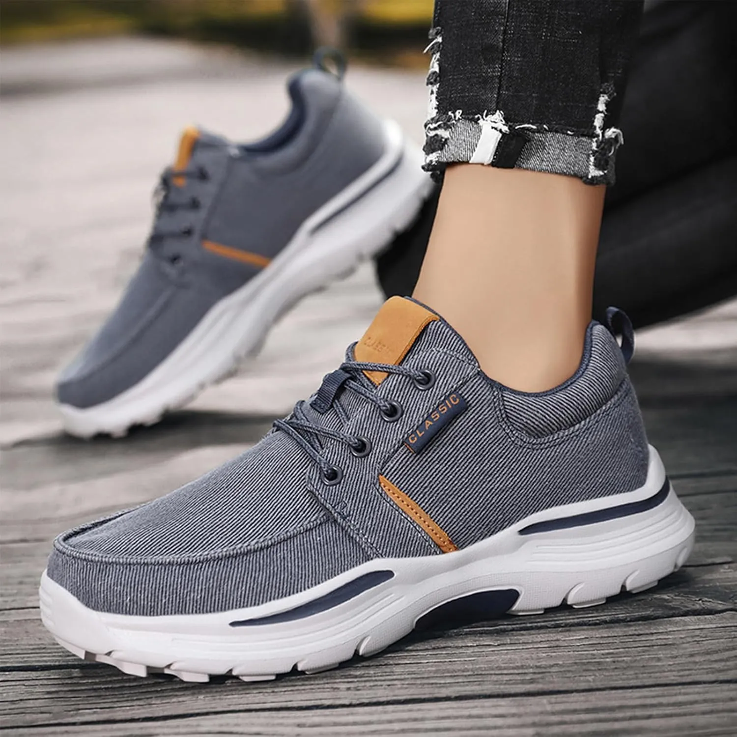 Men Canvas Wide Width Walking Sneakers,Casual Non Slip Lightweight Arch Support Fashion Sneakers Boat Shoes Orthopedic Shoes