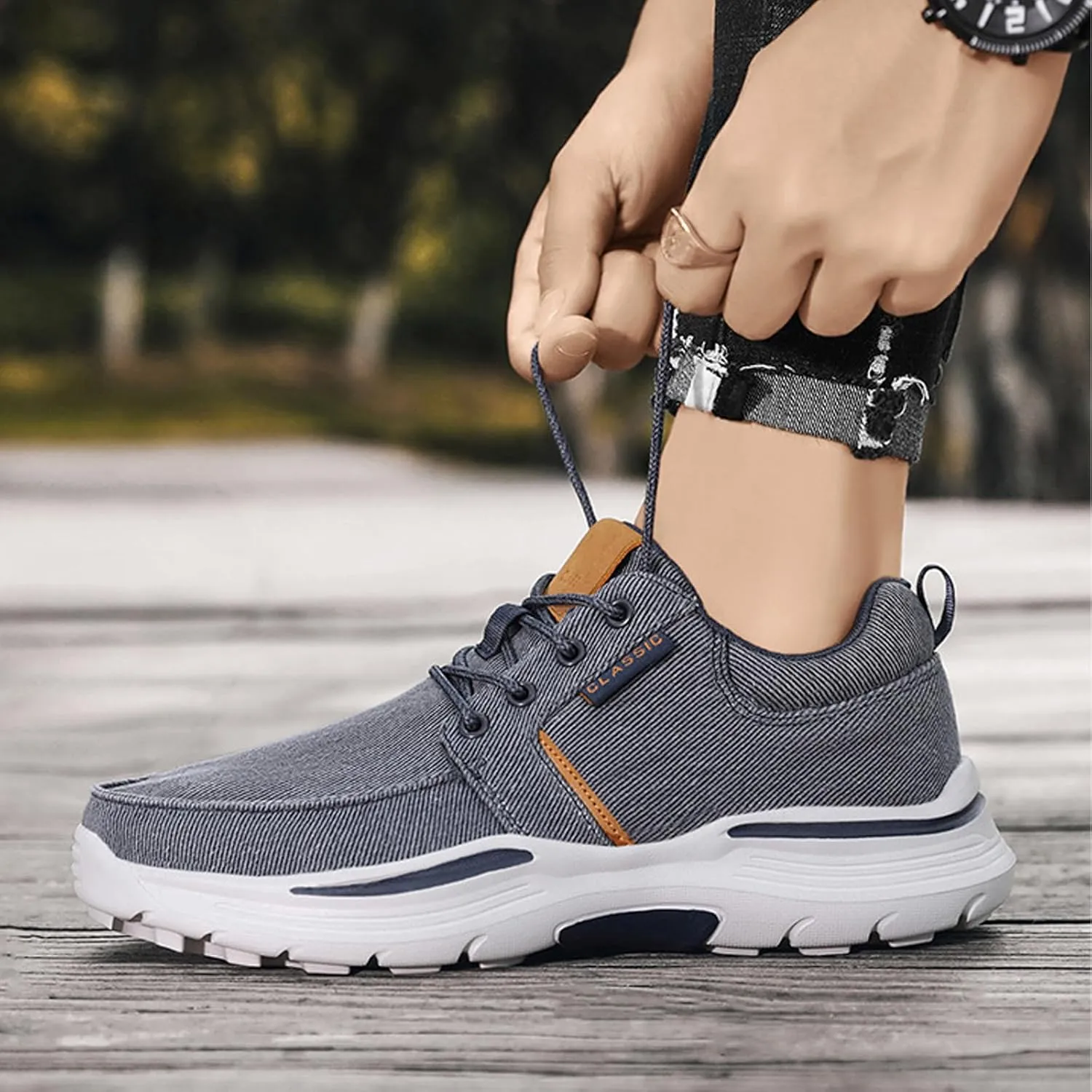 Men Canvas Wide Width Walking Sneakers,Casual Non Slip Lightweight Arch Support Fashion Sneakers Boat Shoes Orthopedic Shoes
