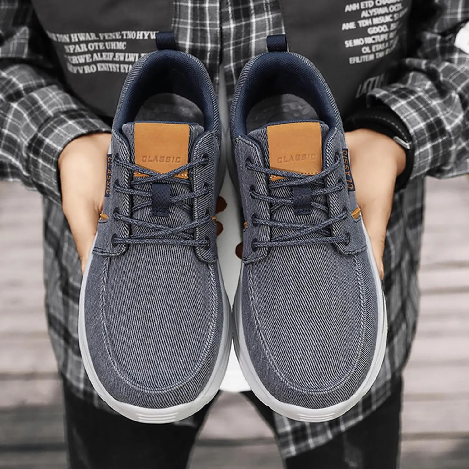 Men Canvas Wide Width Walking Sneakers,Casual Non Slip Lightweight Arch Support Fashion Sneakers Boat Shoes Orthopedic Shoes