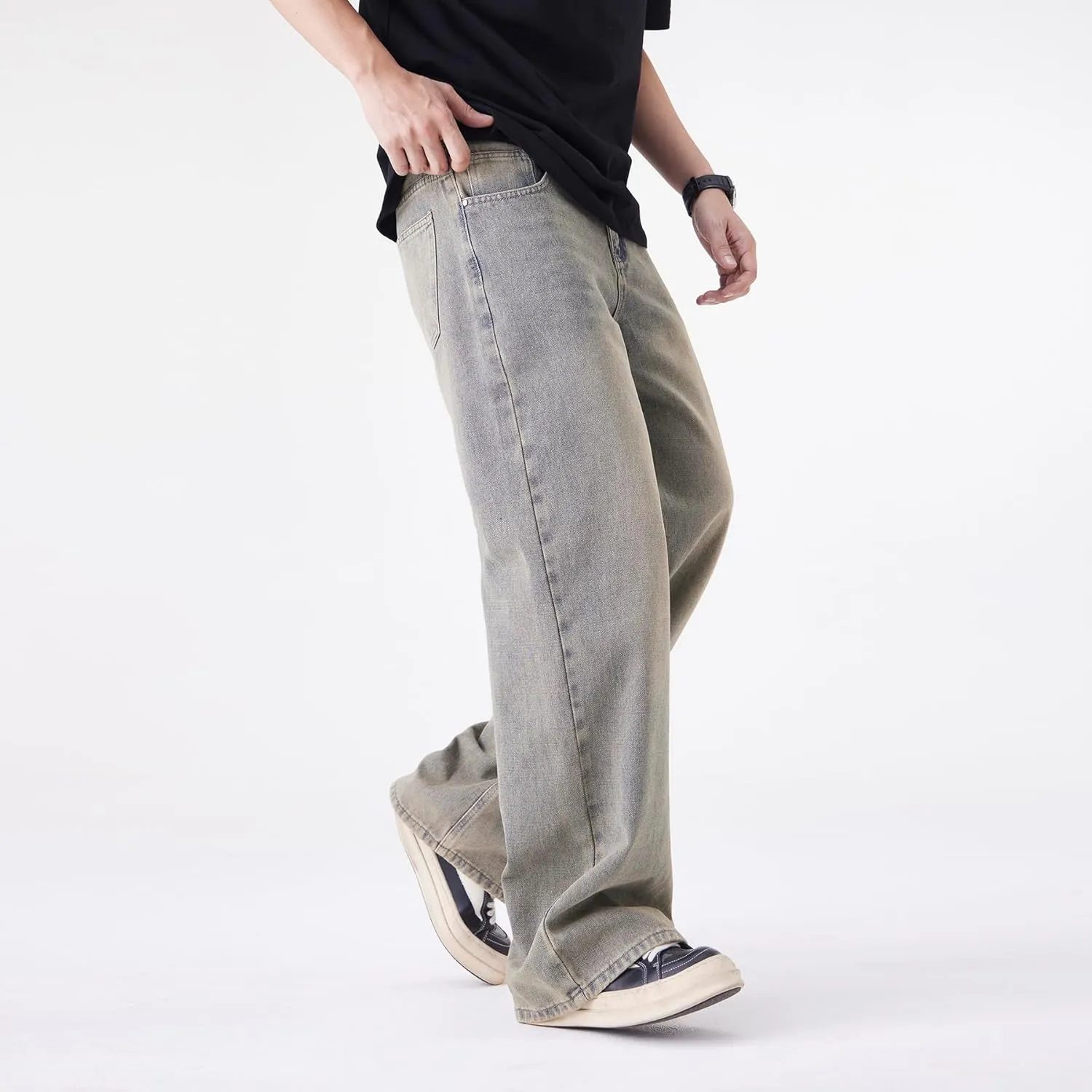 Men's Baggy Jeans Y2K Vintage Distressed Ripped Wide Leg Denim Pants Hip Hop Casual Loose Fit Streetwear Trousers