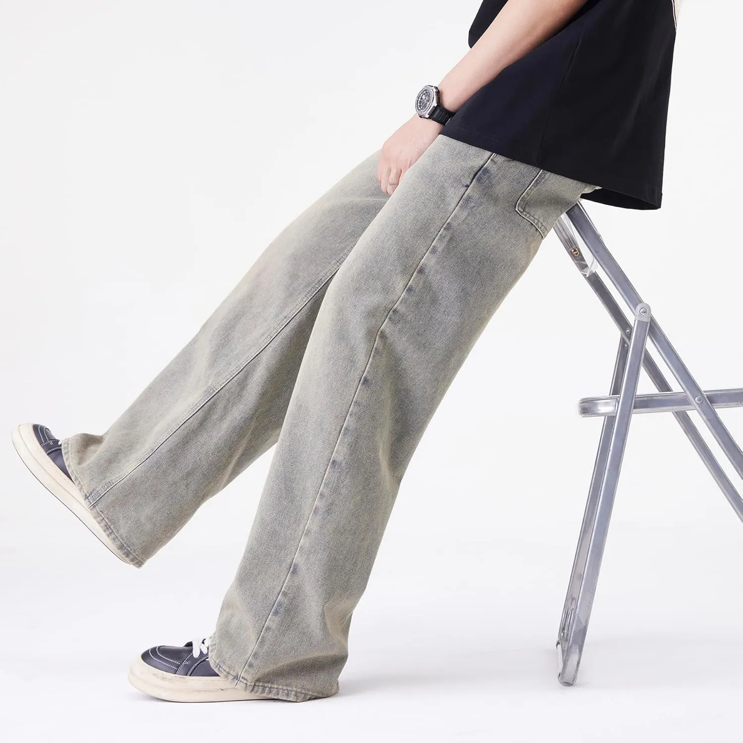 Men's Baggy Jeans Y2K Vintage Distressed Ripped Wide Leg Denim Pants Hip Hop Casual Loose Fit Streetwear Trousers