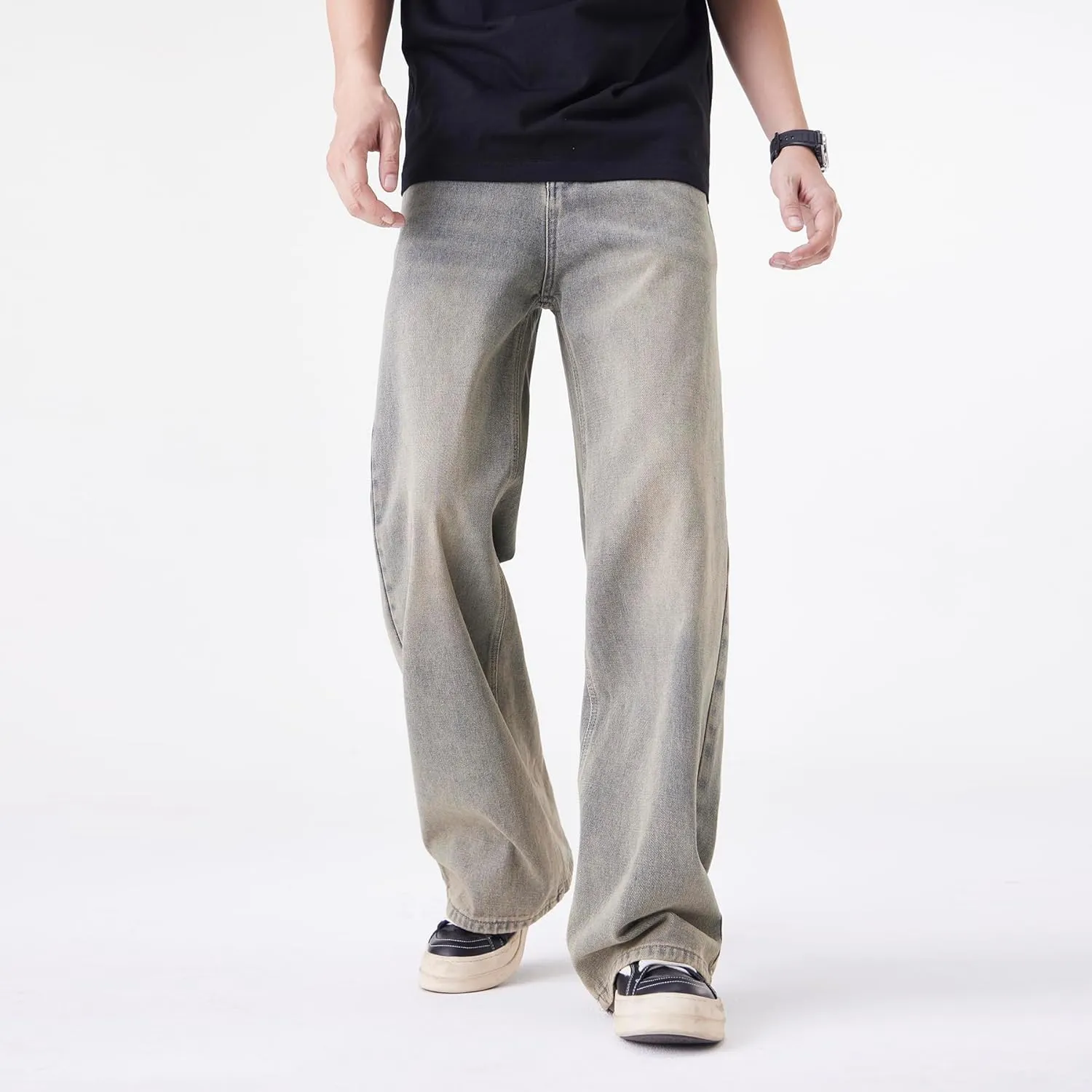 Men's Baggy Jeans Y2K Vintage Distressed Ripped Wide Leg Denim Pants Hip Hop Casual Loose Fit Streetwear Trousers