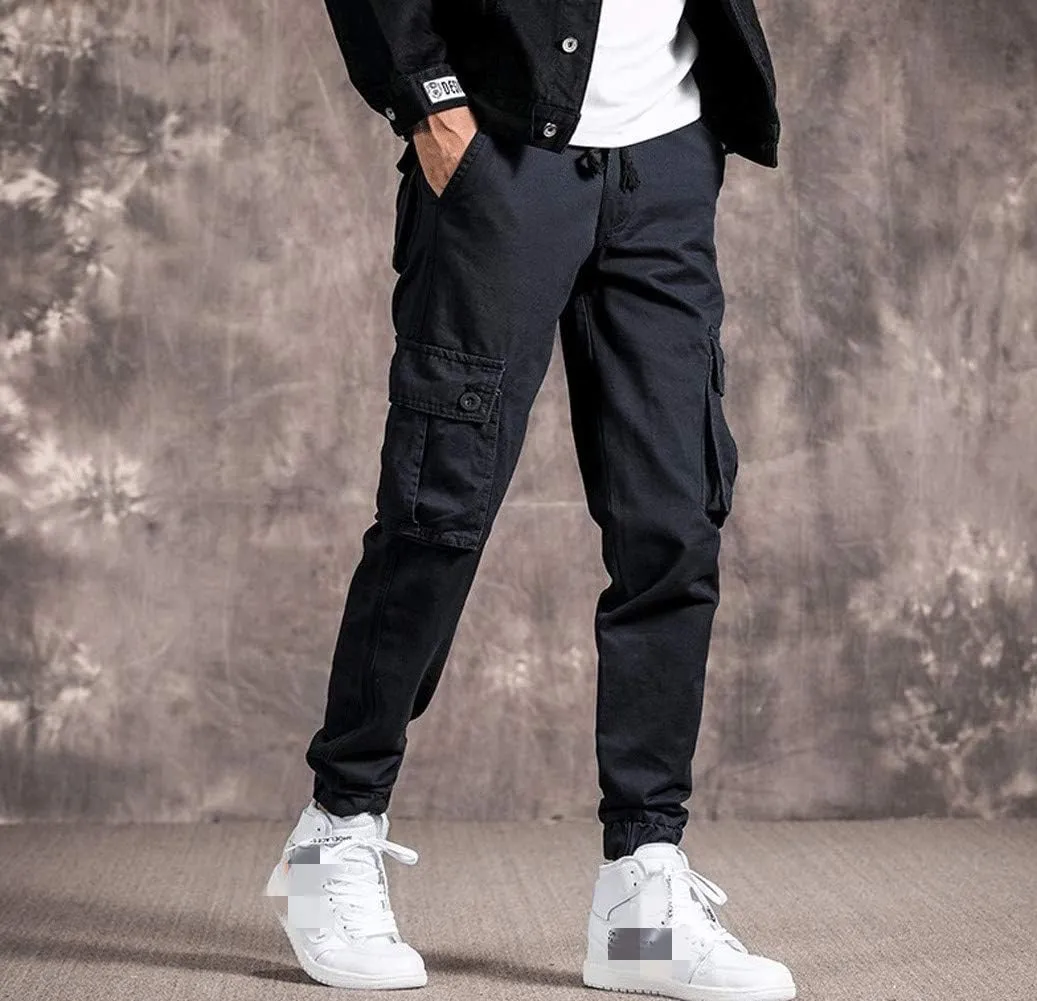 Mens Casual Cargo Jogger Elastic Waist Hip Hop Punk Cargo Pants with Multi-Pockets
