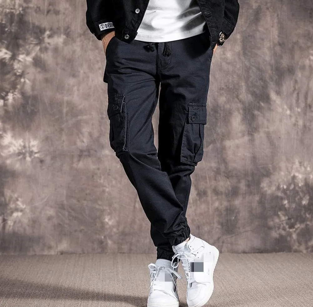 Mens Casual Cargo Jogger Elastic Waist Hip Hop Punk Cargo Pants with Multi-Pockets
