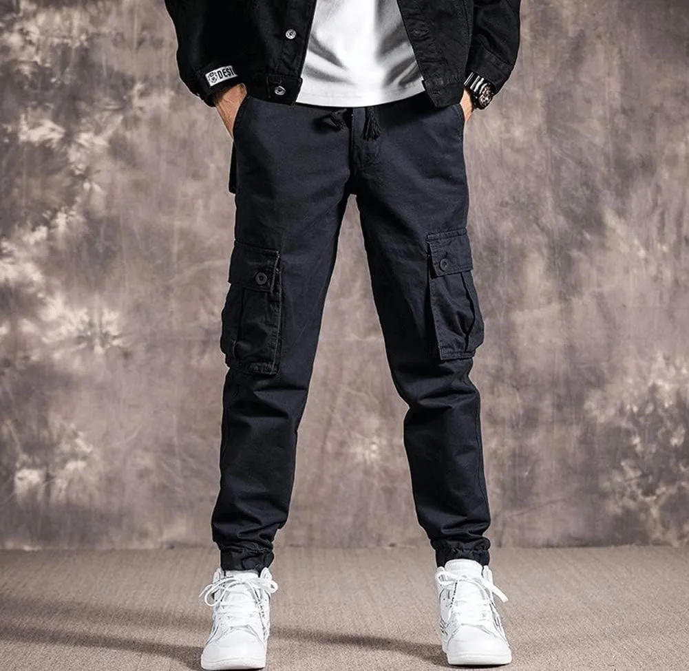 Mens Casual Cargo Jogger Elastic Waist Hip Hop Punk Cargo Pants with Multi-Pockets