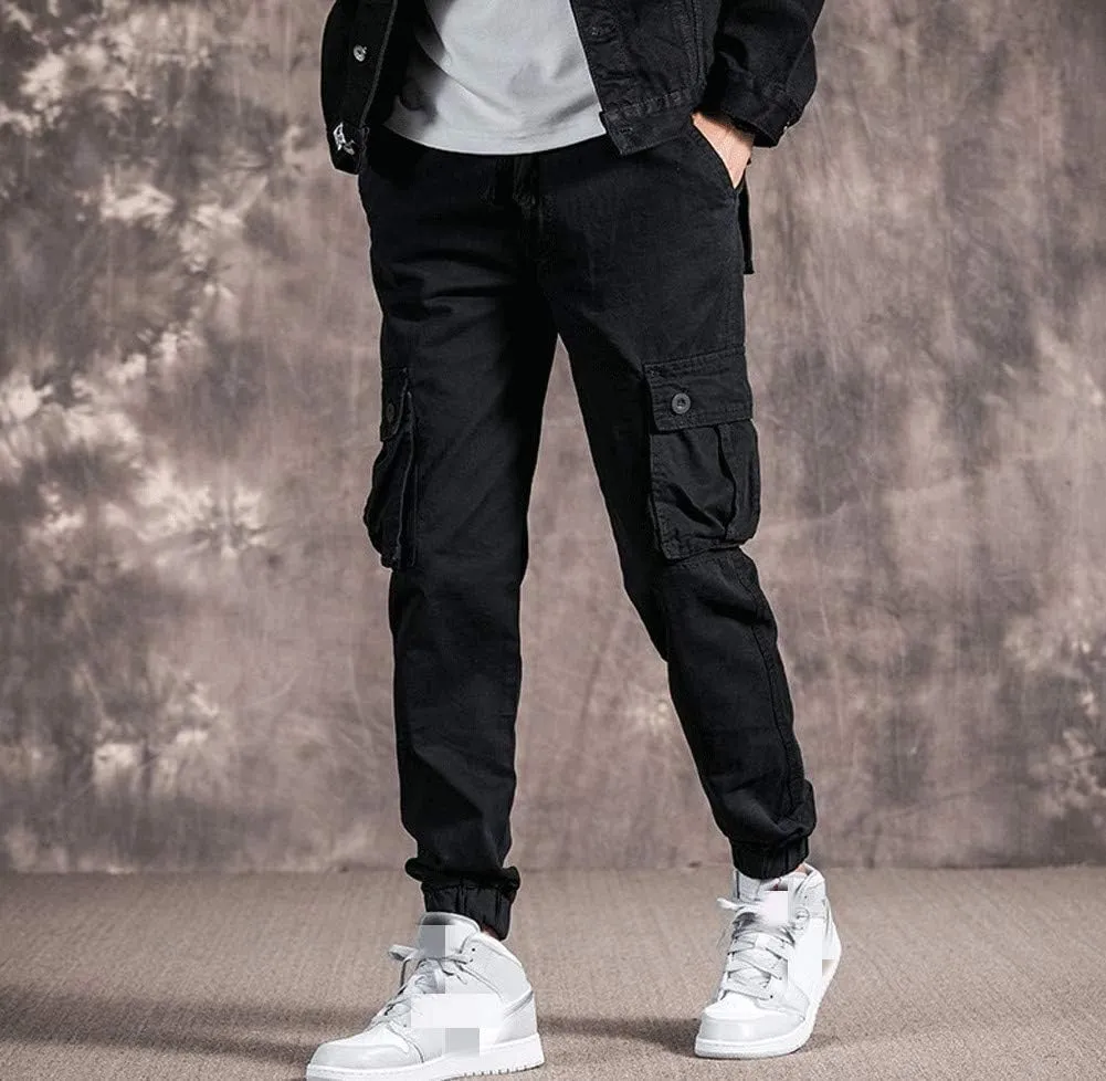 Mens Casual Cargo Jogger Elastic Waist Hip Hop Punk Cargo Pants with Multi-Pockets