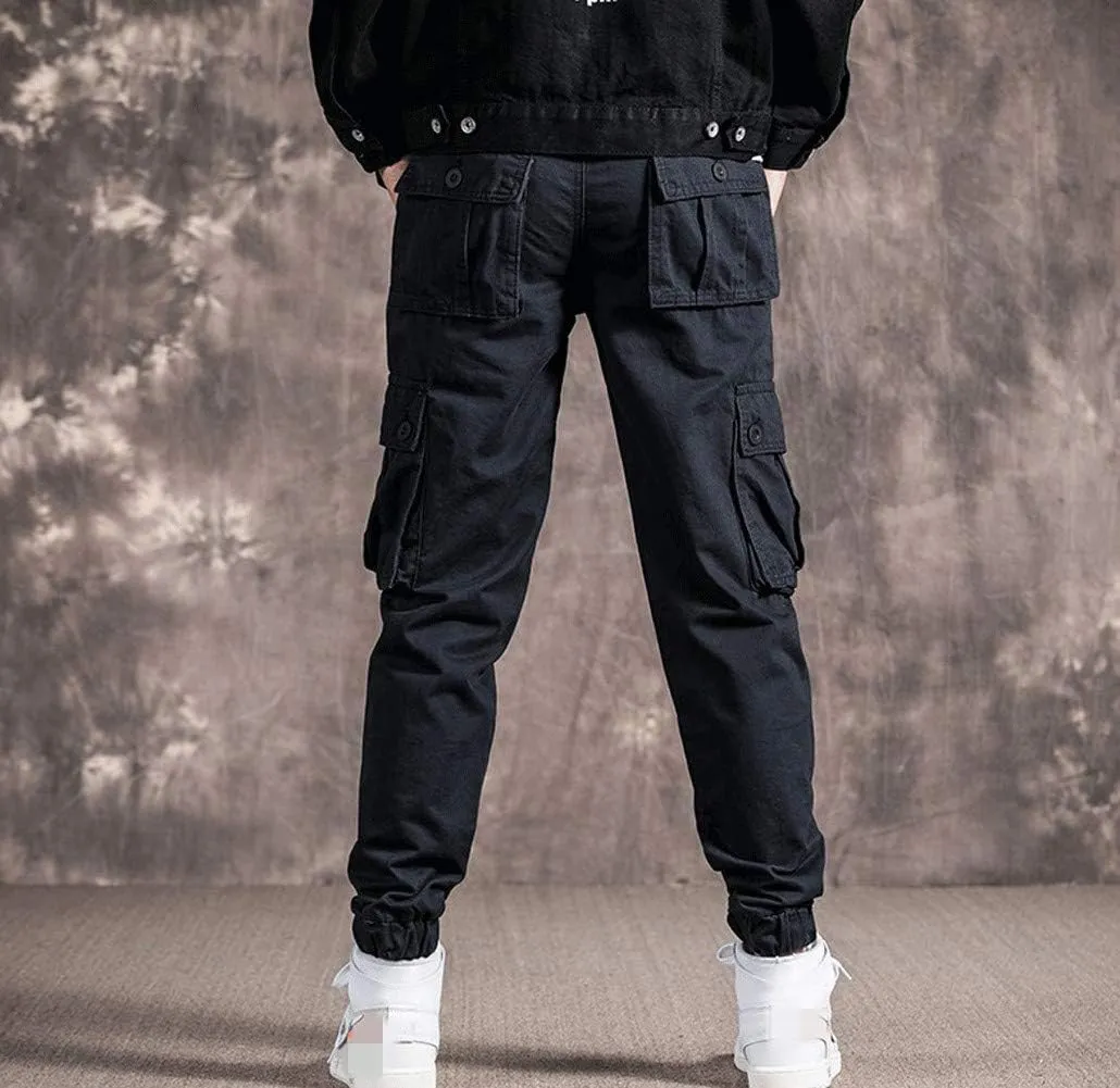Mens Casual Cargo Jogger Elastic Waist Hip Hop Punk Cargo Pants with Multi-Pockets