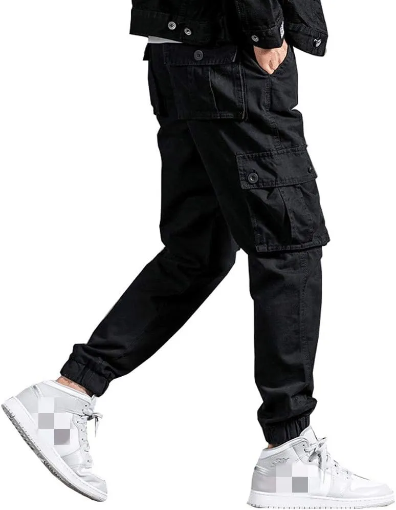 Mens Casual Cargo Jogger Elastic Waist Hip Hop Punk Cargo Pants with Multi-Pockets