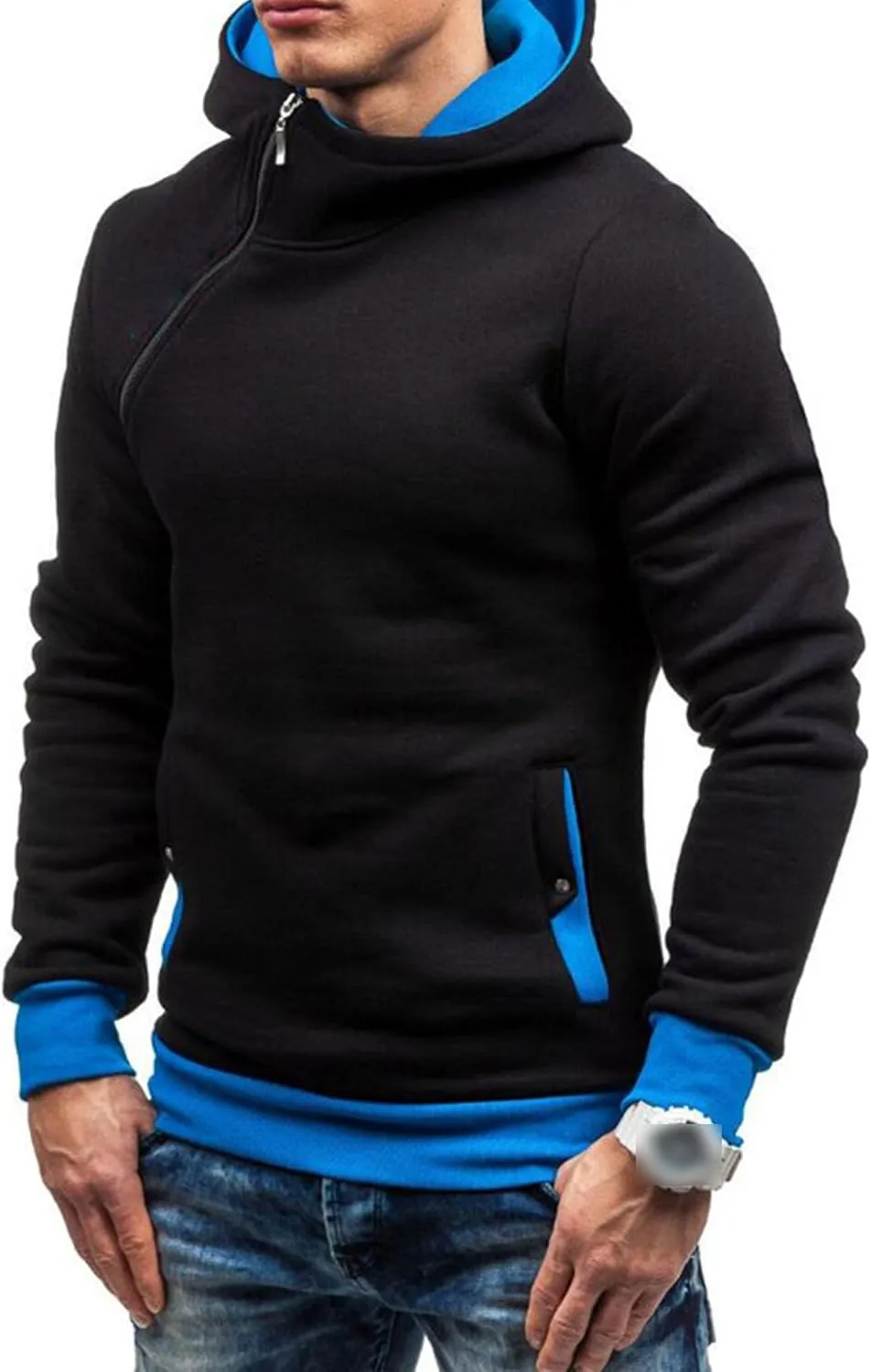 Men's Diagonal Zipper Hoodie Heavyweight Fleece Sweatshirts With Hood Long Sleeve Male Cotton Hoodie