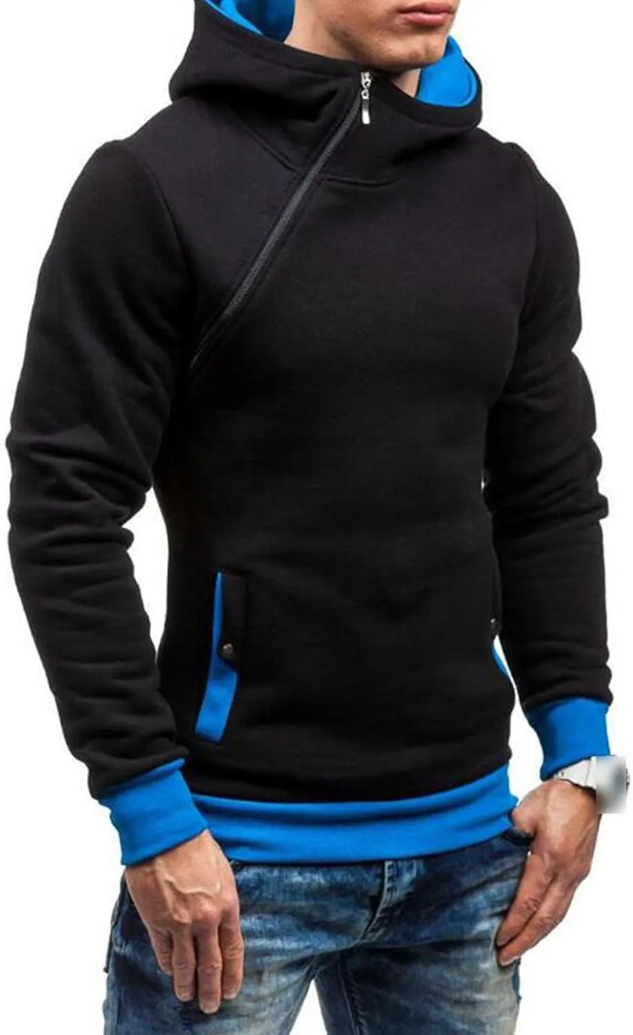 Men's Diagonal Zipper Hoodie Heavyweight Fleece Sweatshirts With Hood Long Sleeve Male Cotton Hoodie