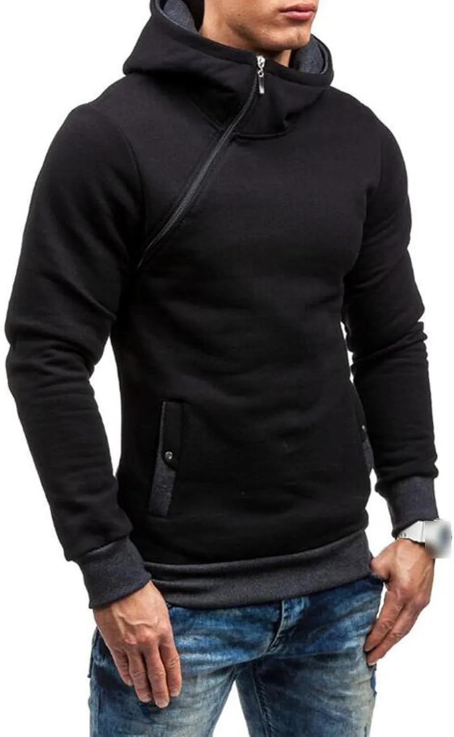 Men's Diagonal Zipper Hoodie Heavyweight Fleece Sweatshirts With Hood Long Sleeve Male Cotton Hoodie