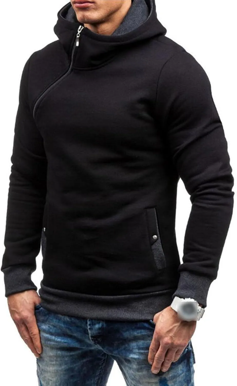 Men's Diagonal Zipper Hoodie Heavyweight Fleece Sweatshirts With Hood Long Sleeve Male Cotton Hoodie