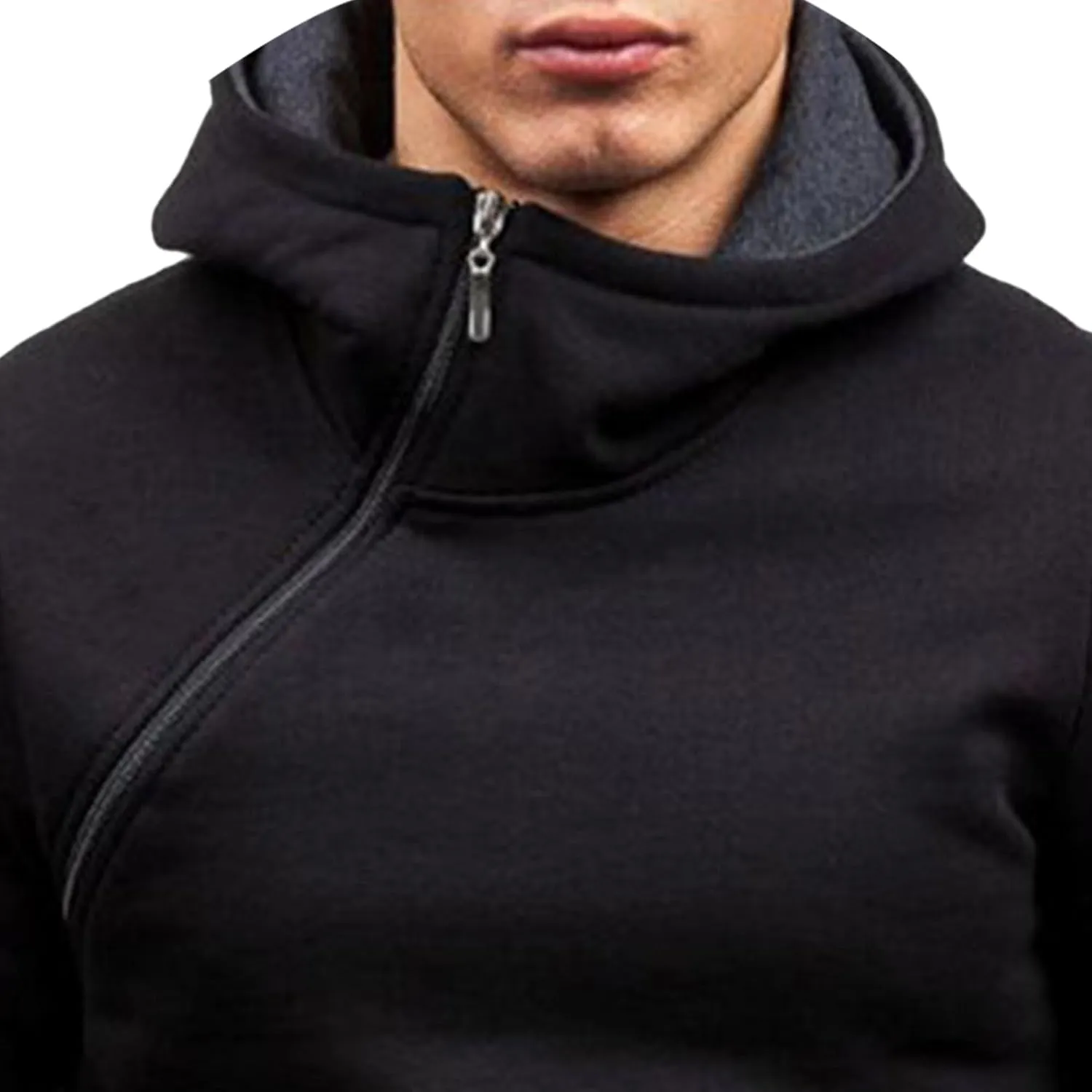 Men's Diagonal Zipper Hoodie Heavyweight Fleece Sweatshirts With Hood Long Sleeve Male Cotton Hoodie