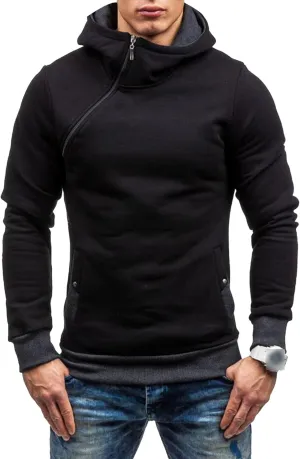 Men's Diagonal Zipper Hoodie Heavyweight Fleece Sweatshirts With Hood Long Sleeve Male Cotton Hoodie