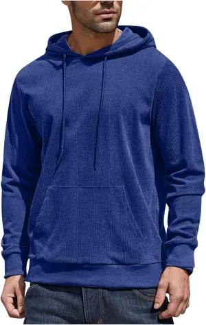 Mens Hooded Sweatshirt Long Sleeve Casual Corduroy Drawstring Pullover Hoodies with Pocket,2024 Tall and Big Tops