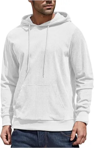 Mens Hooded Sweatshirt Long Sleeve Casual Corduroy Drawstring Pullover Hoodies with Pocket,2024 Tall and Big Tops