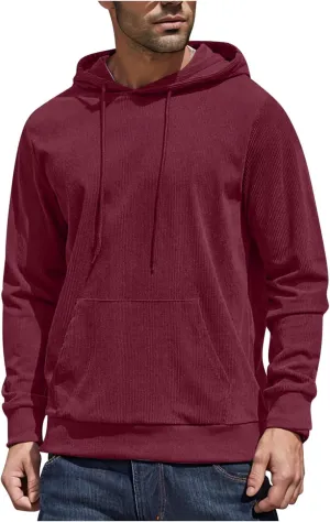 Mens Hooded Sweatshirt Long Sleeve Casual Corduroy Drawstring Pullover Hoodies with Pocket,2024 Tall and Big Tops