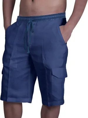 Men's Linen Shorts Casual Cotton Elastic Waist Drawstring Summer Beach Vacation Shorts with Pockets