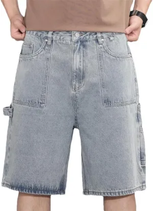 MenS Loose Straight Denim Shorts Solid Color Casual Zipper Baggy Jeans