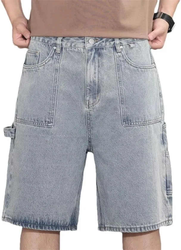 MenS Loose Straight Denim Shorts Solid Color Casual Zipper Baggy Jeans