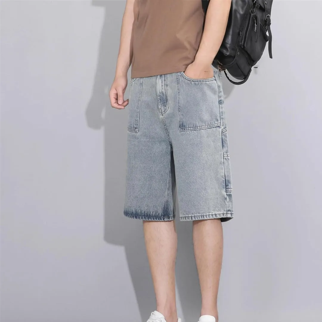 MenS Loose Straight Denim Shorts Solid Color Casual Zipper Baggy Jeans