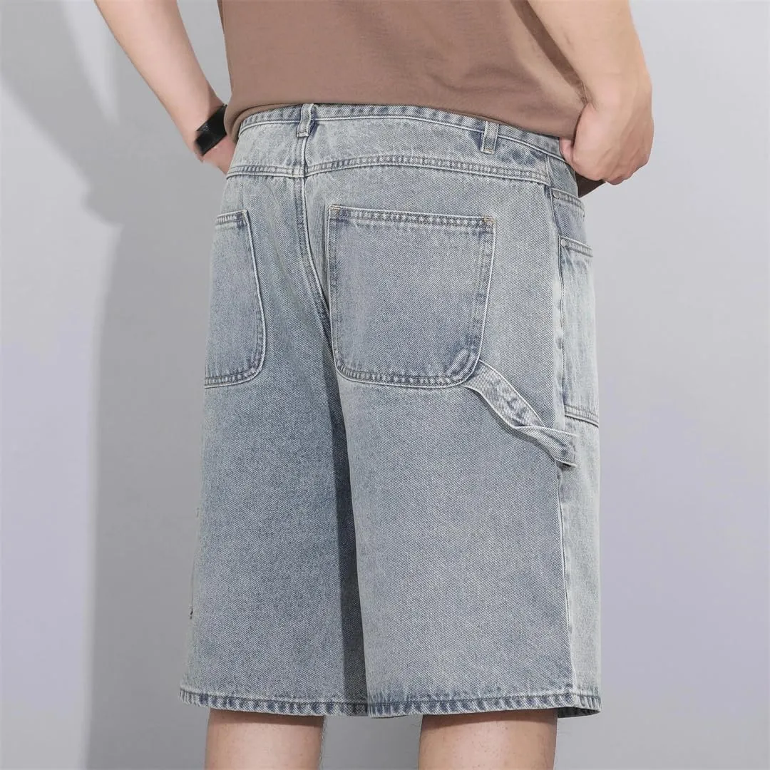 MenS Loose Straight Denim Shorts Solid Color Casual Zipper Baggy Jeans