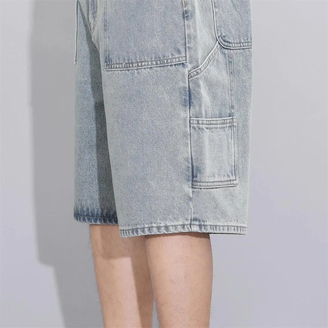 MenS Loose Straight Denim Shorts Solid Color Casual Zipper Baggy Jeans