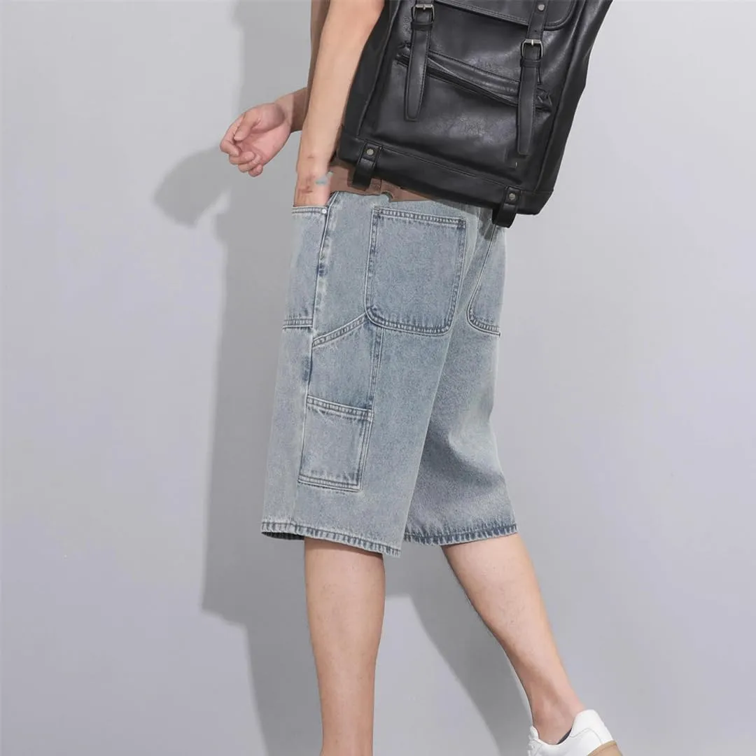 MenS Loose Straight Denim Shorts Solid Color Casual Zipper Baggy Jeans