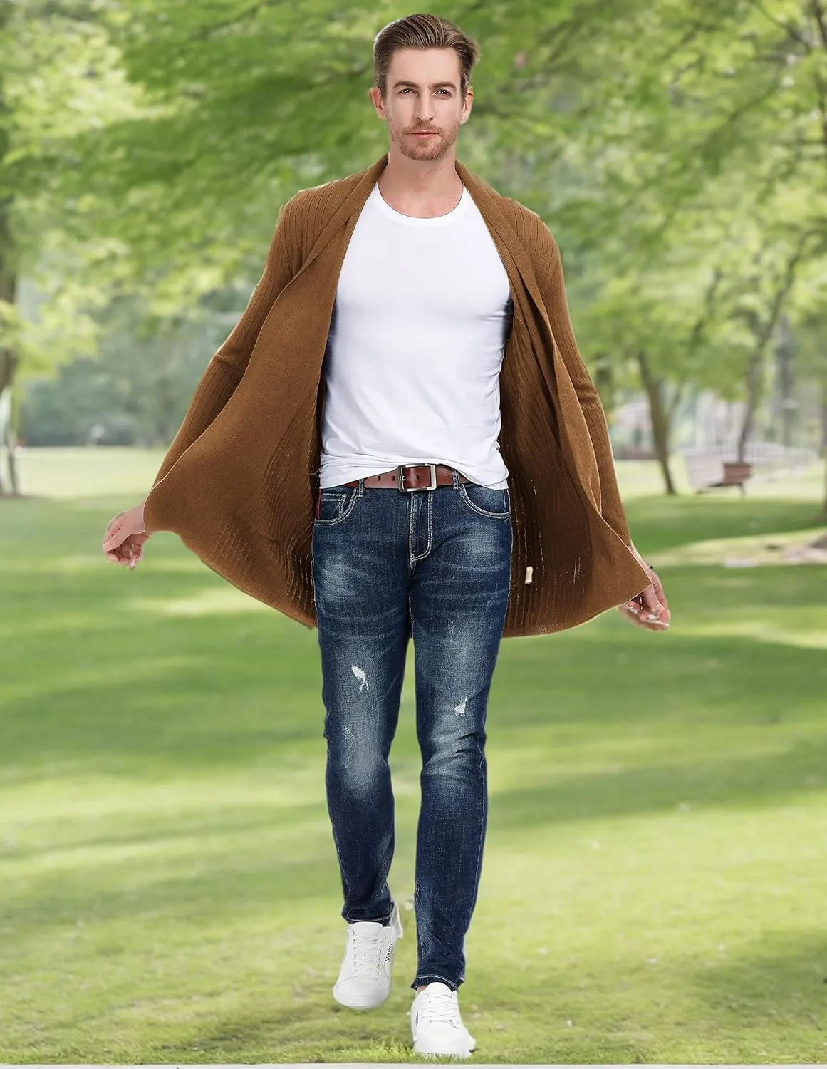 Men's Shawl Collar Open Front Long Cardigan Ribbed Knit Sweater with Pockets