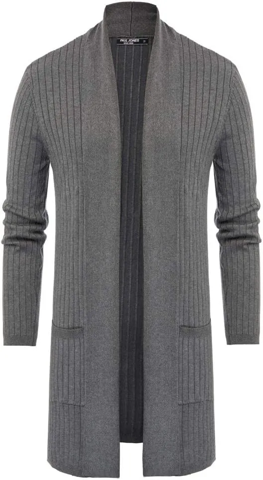 Men's Shawl Collar Open Front Long Cardigan Ribbed Knit Sweater with Pockets
