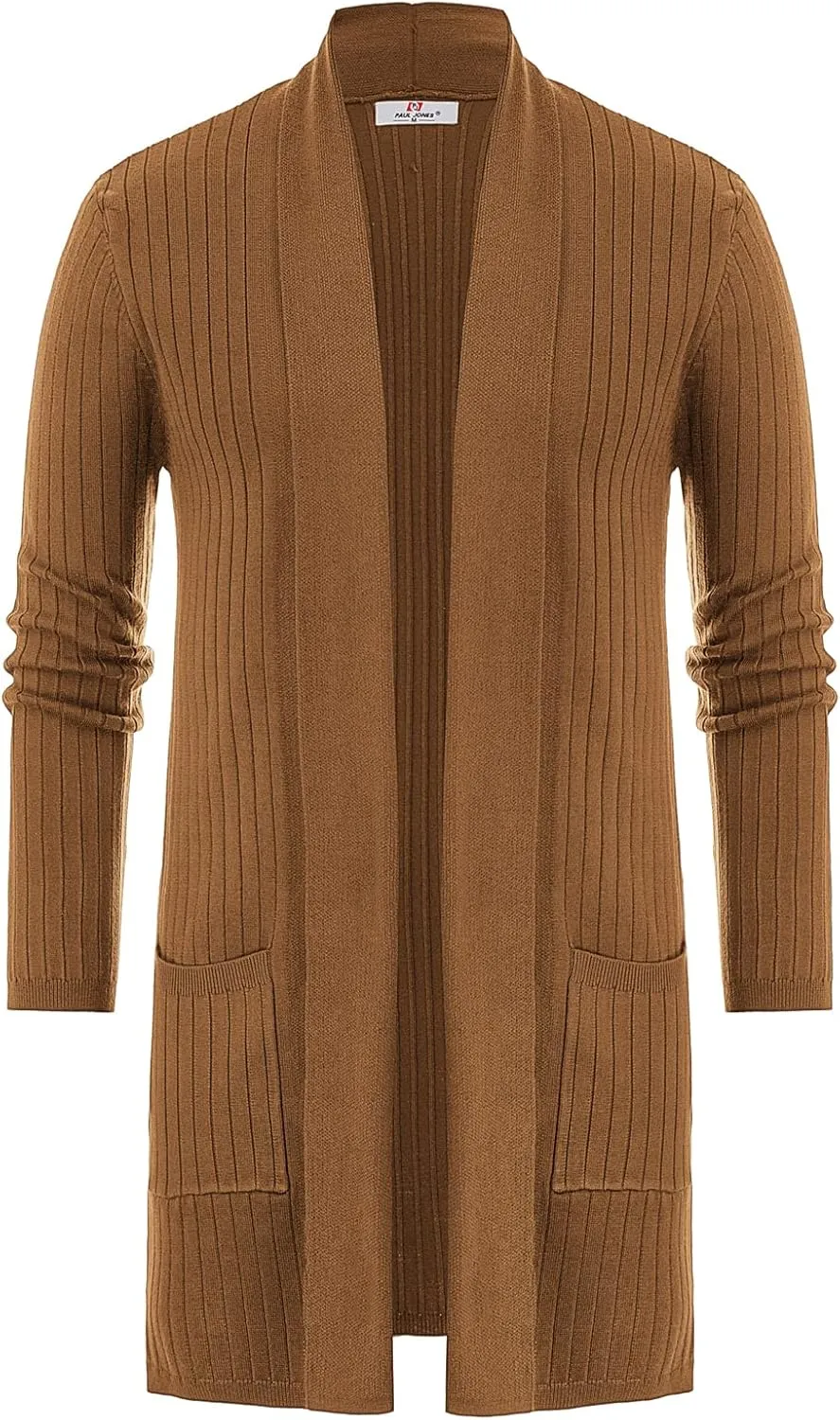 Men's Shawl Collar Open Front Long Cardigan Ribbed Knit Sweater with Pockets
