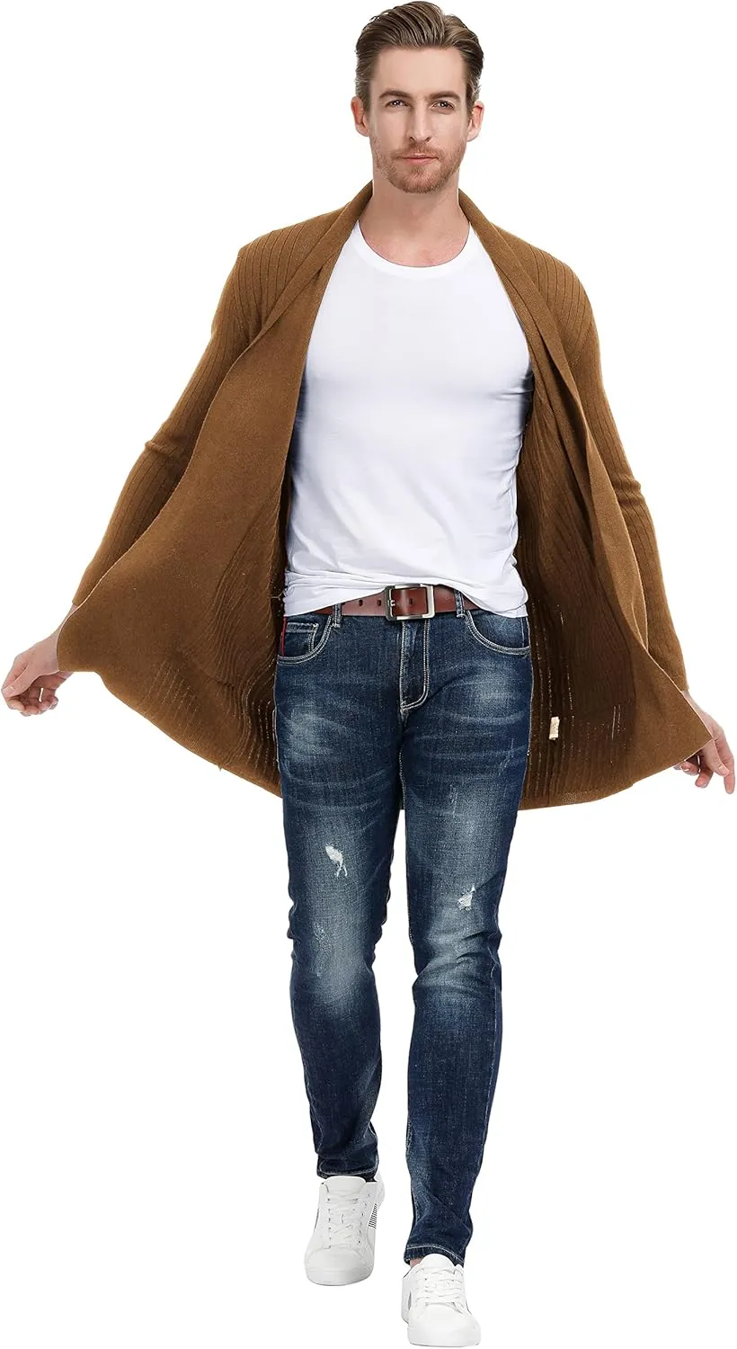 Men's Shawl Collar Open Front Long Cardigan Ribbed Knit Sweater with Pockets