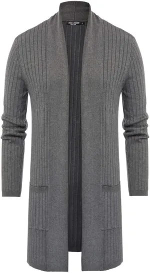 Men's Shawl Collar Open Front Long Cardigan Ribbed Knit Sweater with Pockets