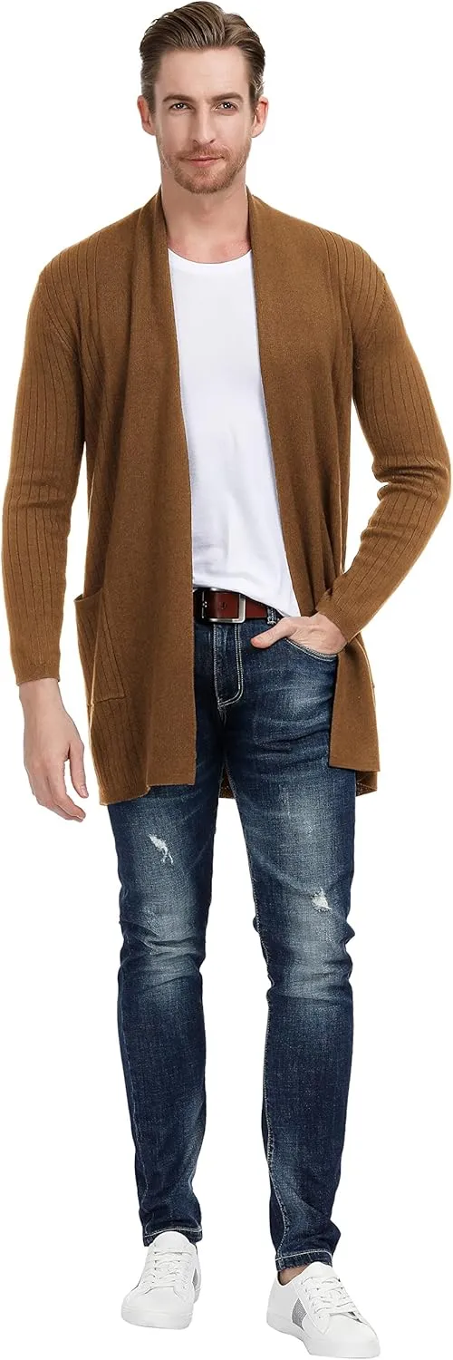 Men's Shawl Collar Open Front Long Cardigan Ribbed Knit Sweater with Pockets