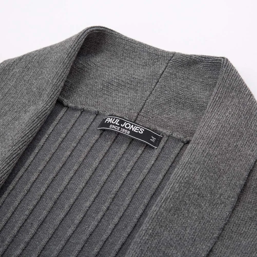 Men's Shawl Collar Open Front Long Cardigan Ribbed Knit Sweater with Pockets